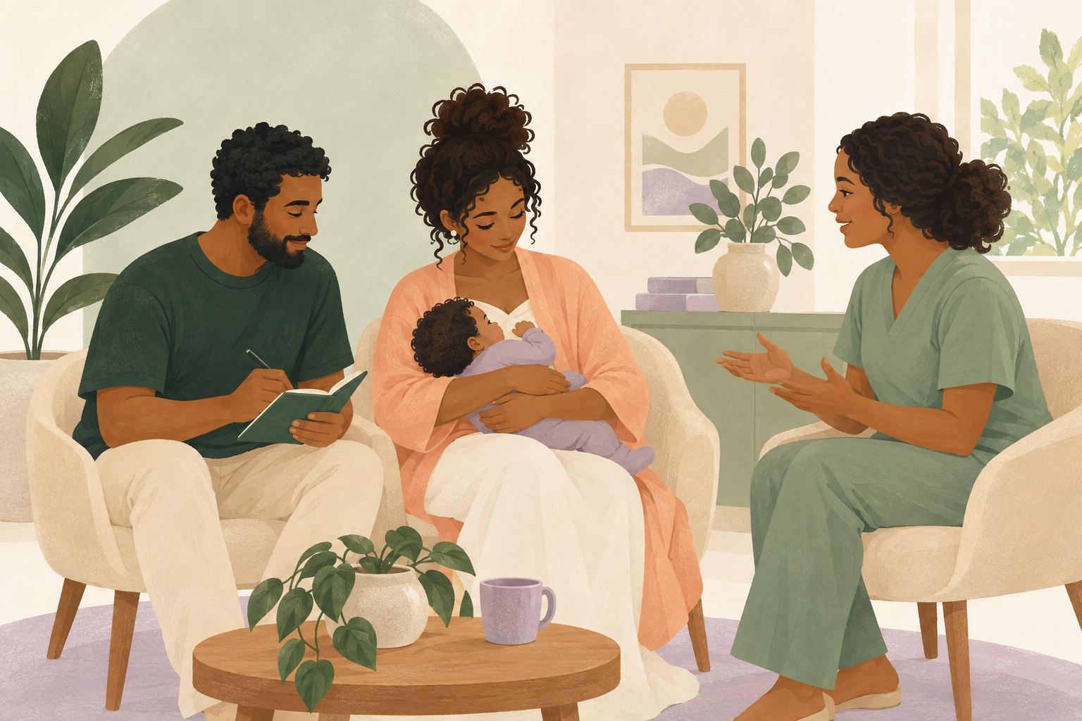 Pai, mãe e bebê conversam com uma profissional de saúde em ambiente acolhedor.
