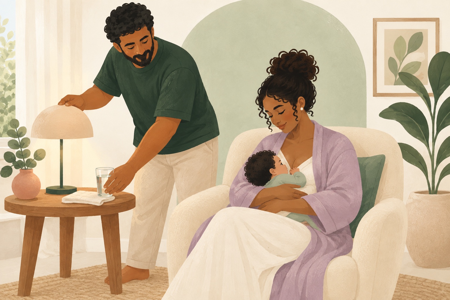 Pai oferece apoio prático enquanto mãe e bebê vivem um momento de cuidado.