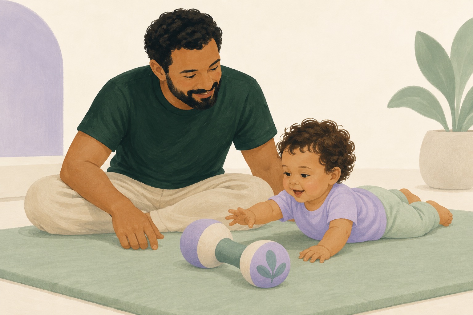 Bebê no chão observa um brinquedo com o pai por perto.