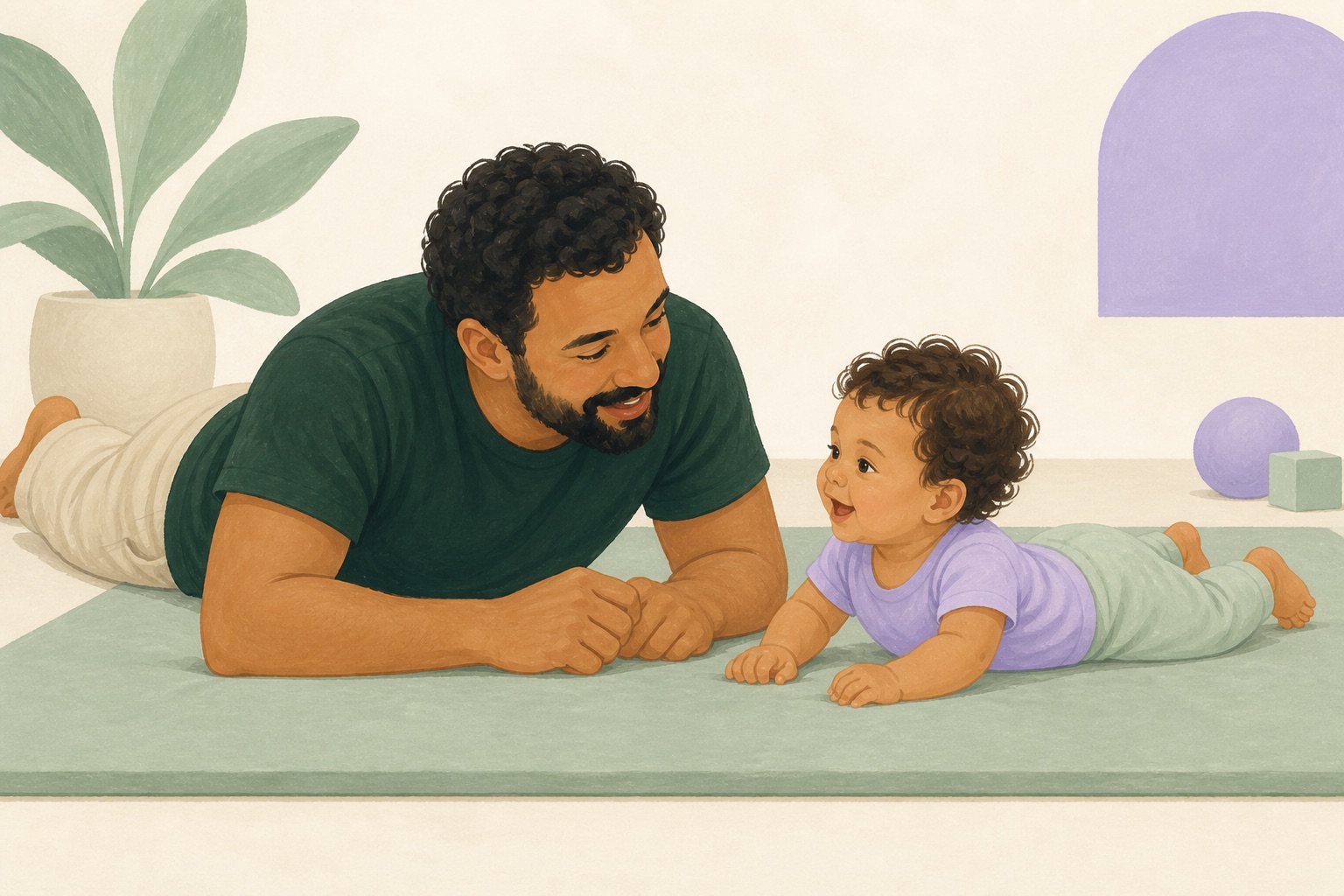 Bebê acordado de bruços em tapete firme, com o pai ao lado e atento.