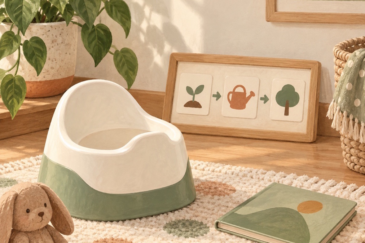 Penico limpo, livro e sequência visual em um ambiente infantil tranquilo.