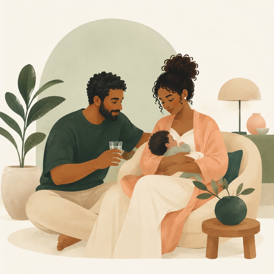 Pai participa de um momento de cuidado enquanto a mãe acolhe o bebê.