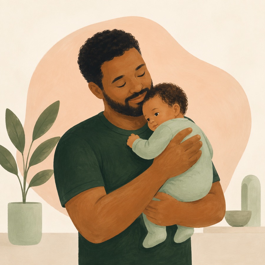 Pai acolhe o bebê no colo em um ambiente tranquilo.