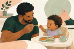 Pai espera a criança demonstrar interesse antes de aproximar colher com alimento amassado.
