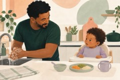 Pai lava as mãos enquanto a criança está sentada ereta e segura diante de alimentos amassados.