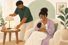 Pai coloca água e pano limpo ao alcance enquanto a mãe amamenta o bebê sentada.