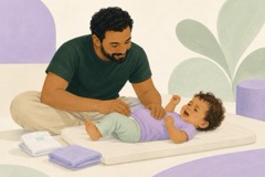 Pai observa o bebê com atenção em um trocador baixo, com uma fralda limpa ao lado.