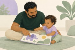 Pai e criança observam juntos um livro ilustrado de páginas grossas.