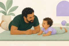 Bebê acordado de bruços em tapete firme, com o pai ao lado e atento.
