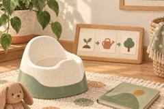 Penico limpo, livro e sequência visual em um ambiente infantil tranquilo.