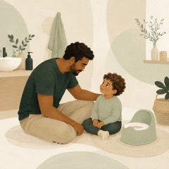 Pai conversa com a criança em um banheiro tranquilo, com o penico ao lado.