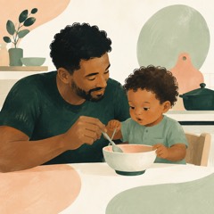 Pai e criança exploram juntos uma tigela e uma colher.