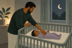 Pai verifica o bebê acordado de barriga para cima no berço vazio durante a noite.