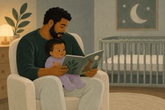 Pai lê um livro para o bebê acordado, com luz suave e berço vazio ao fundo.