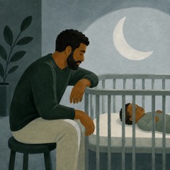 Pai acompanha o sono do bebê ao lado do berço.